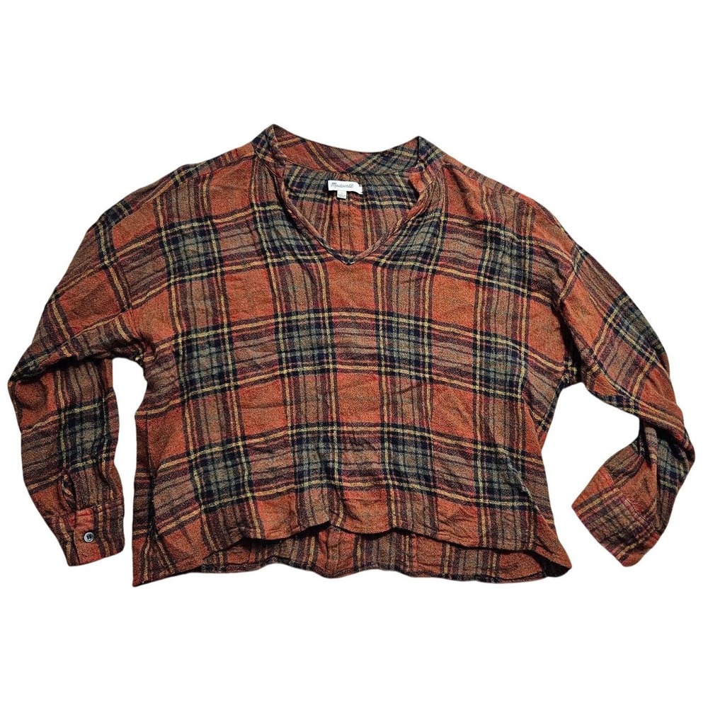 Madewell Plaid V-Neck Top Orange Brown Long Sleeve Relaxed‎ Blouse Small